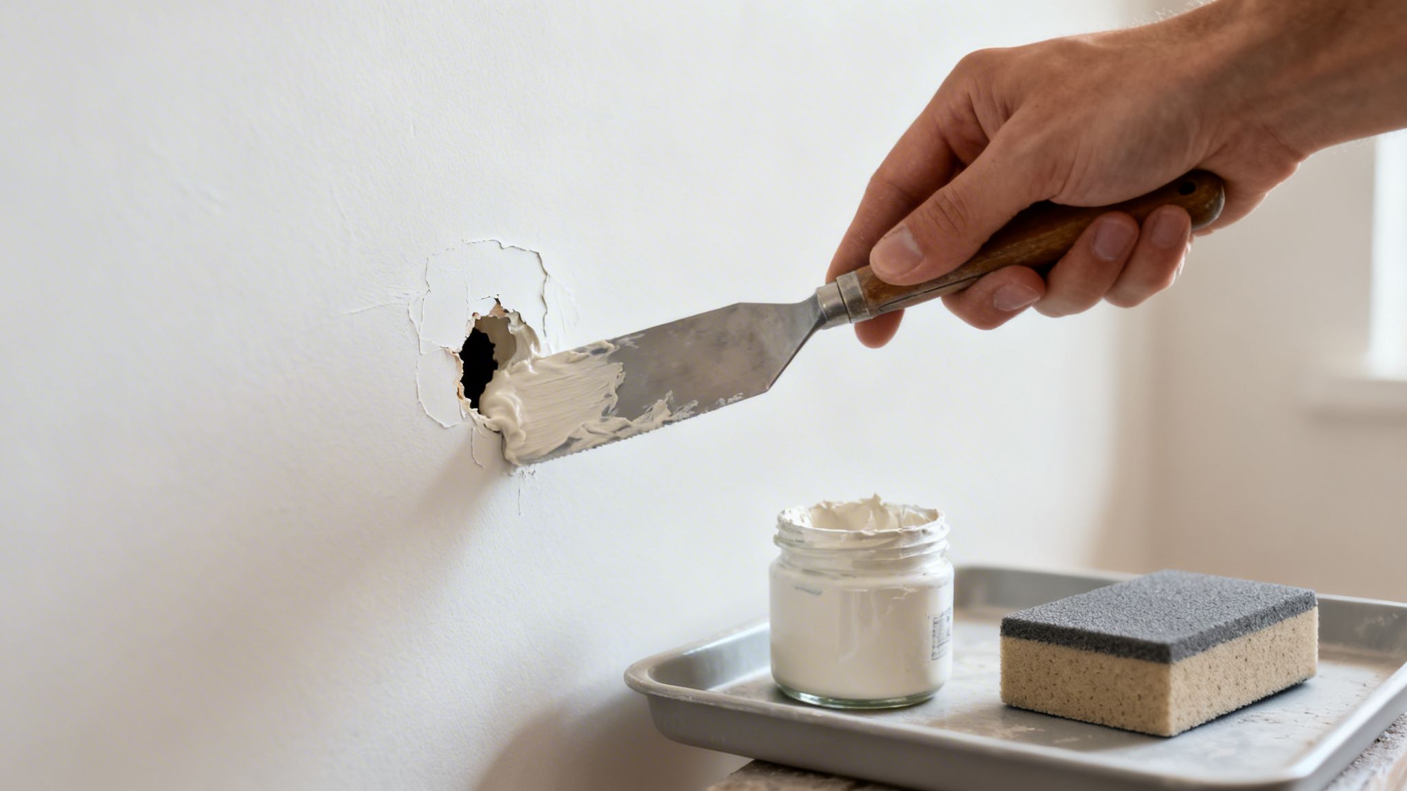 Person reparerer hul i væg med spartel, klar til maling.