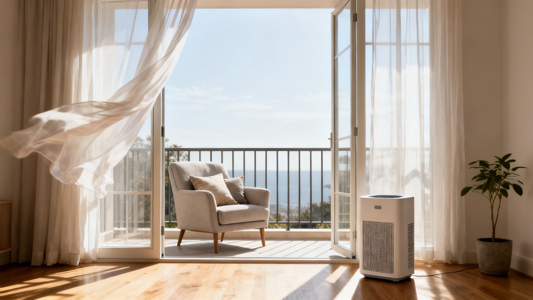Elegant stue med balkon og udsigt over byen, sollys og komfortabel stol.