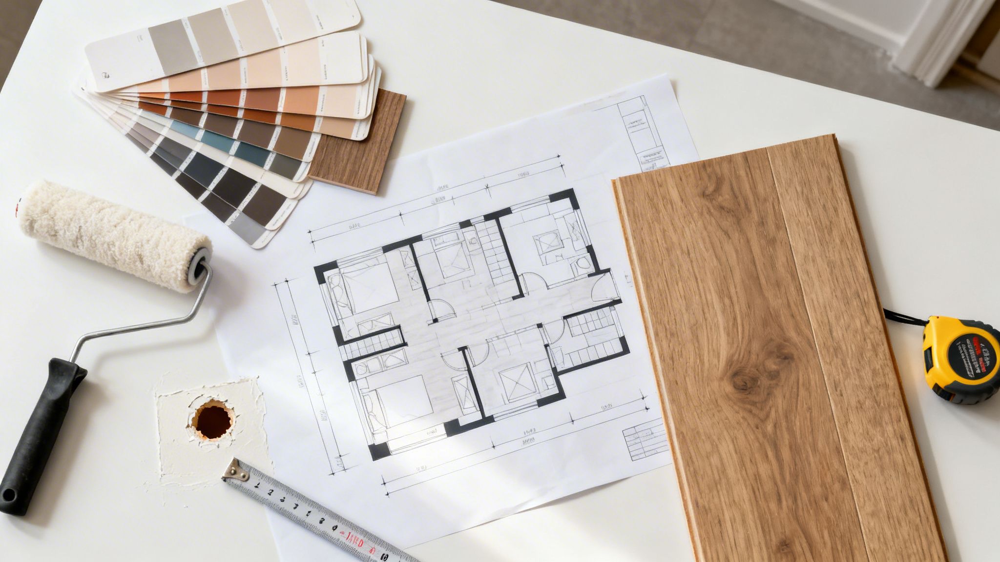Arkitekttegning og materialer til lejlighedsrenovering ved fraflytning.