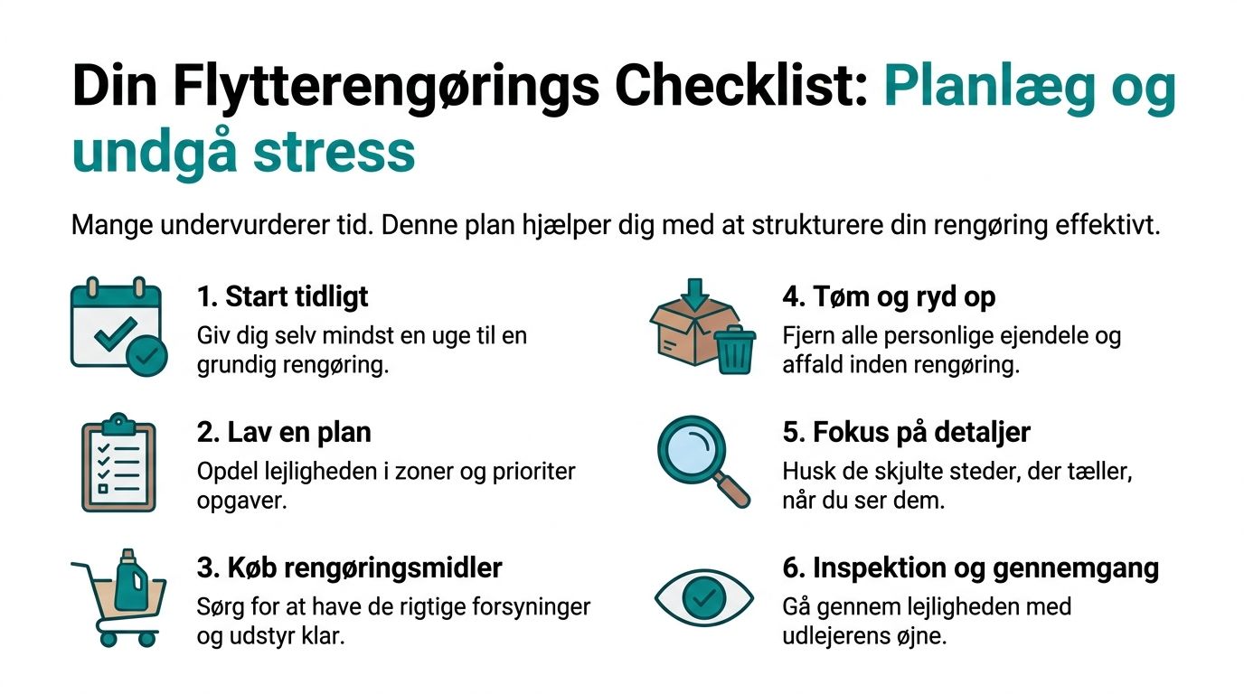En overskuelig tjekliste med seks trin til effektiv og stressfri rengøring af lejlighed ved flytning.