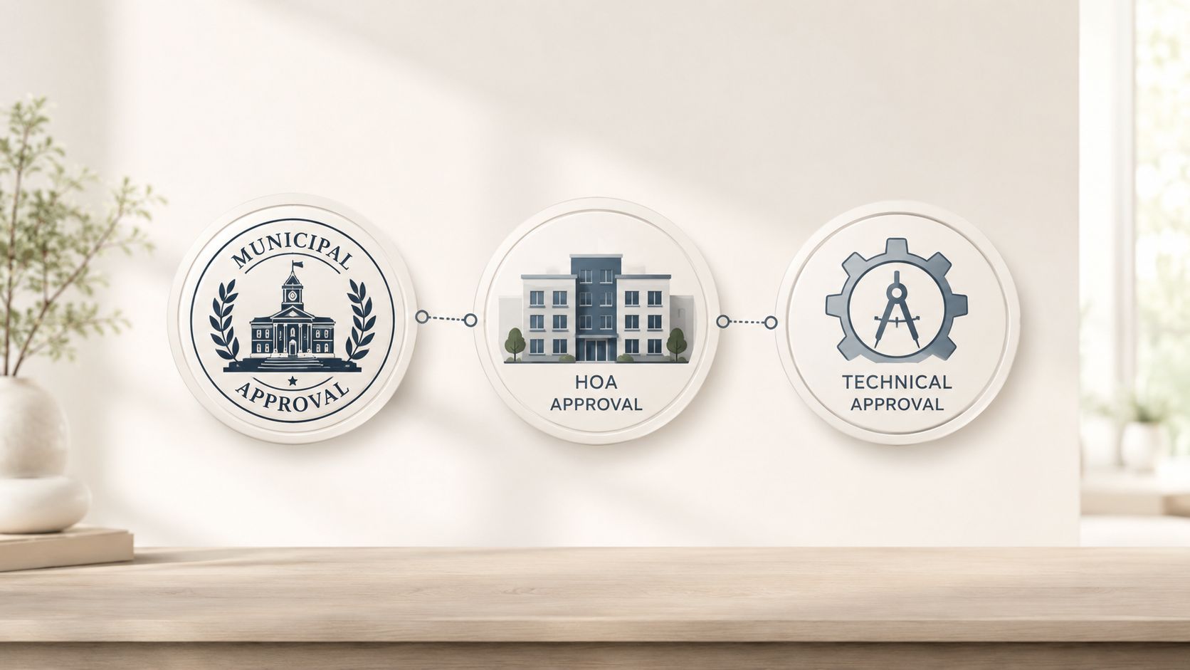 Tre cirkulære ikoner der illustrerer godkendelsesprocessen for renovering med kommunal, ejerforenings- og teknisk godkendelse i en lejlighed.