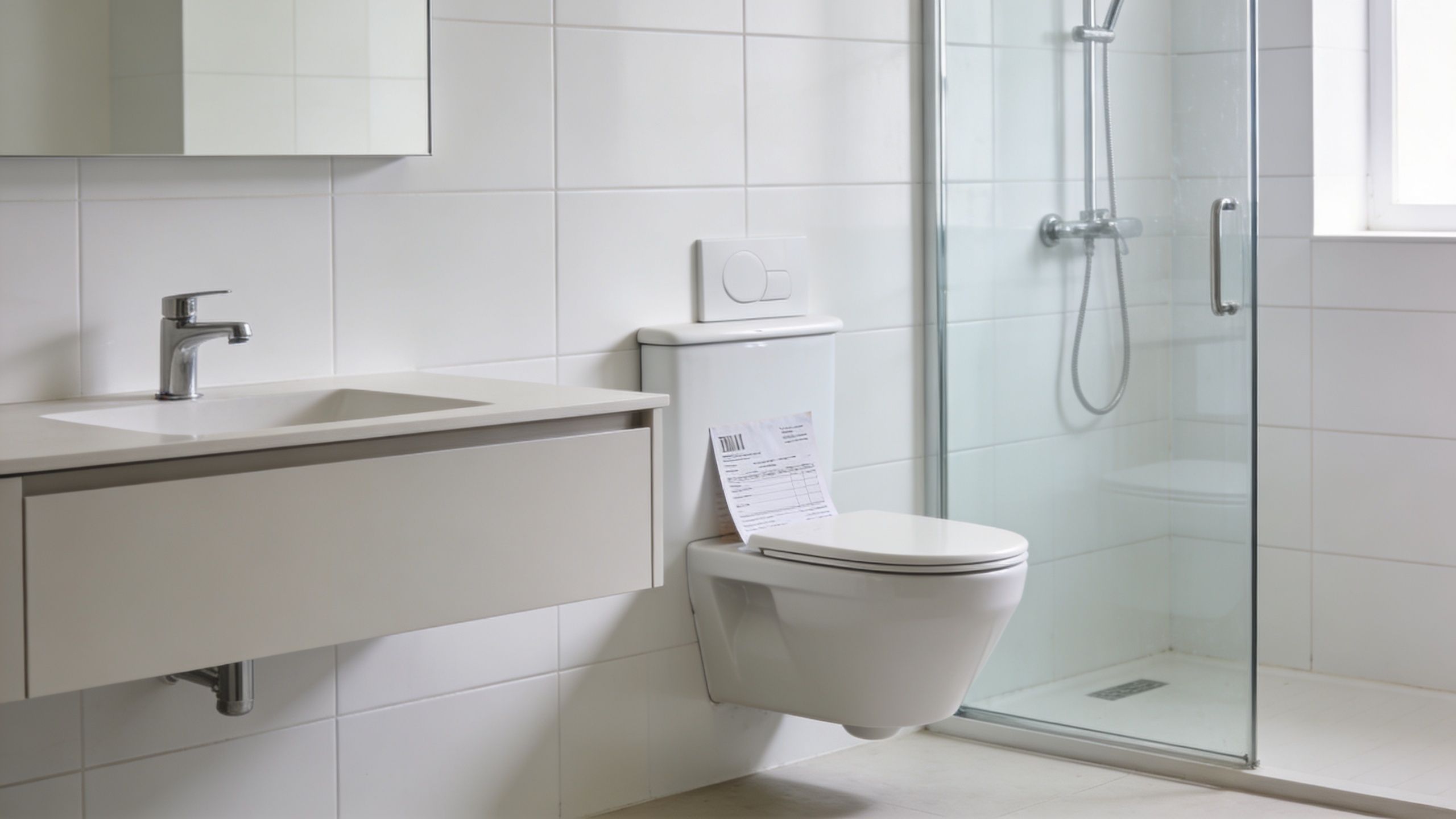 Et moderne, minimalistisk badeværelse med hvide fliser, væghængt toilet, bruseniche og et elegant vaskemøbel.
