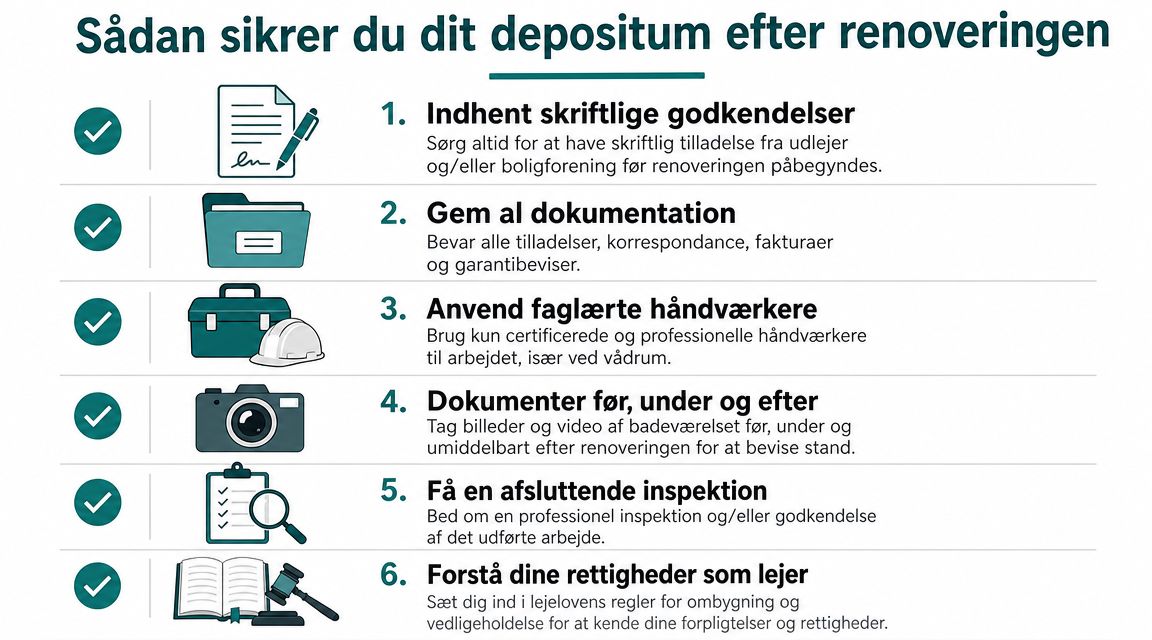 En infografik med seks trin til at sikre dit depositum ved renovering af lejlighed eller badeværelse.