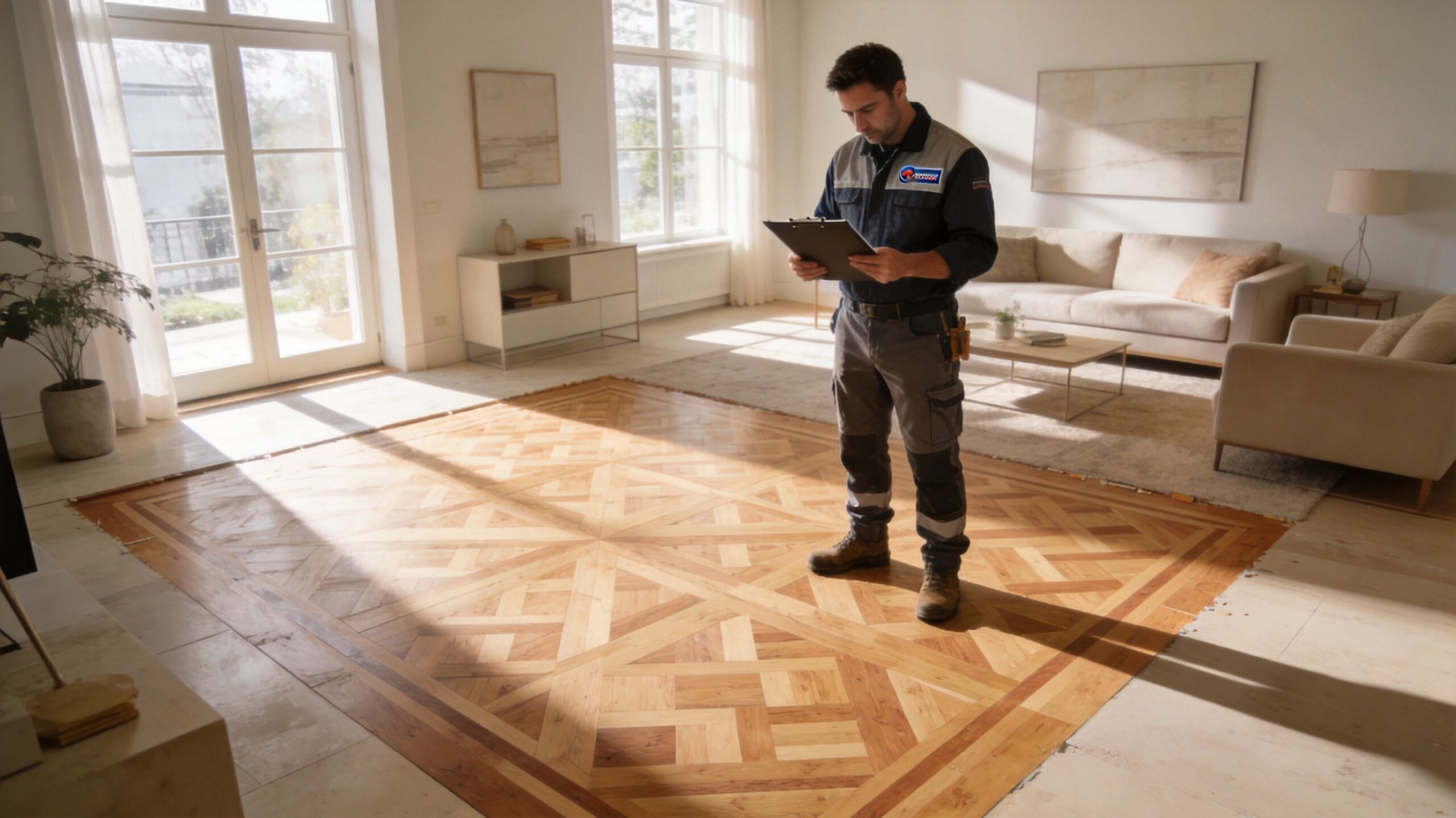 En professionel gulvmand inspicerer et nylagt sildebensparketgulv i en lys og moderne stue.