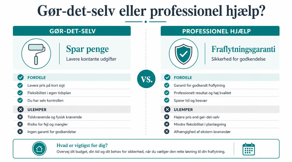 En sammenligning af fordele og ulemper ved henholdsvis gør-det-selv og professionel hjælp til fraflytning af bolig.
