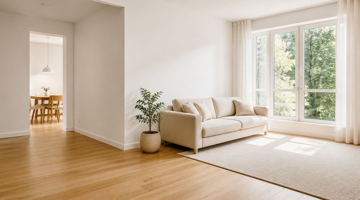Lys og moderne stue med beige sofa, trægulv, potteplante og udsigt til grønne træer gennem store vinduer.