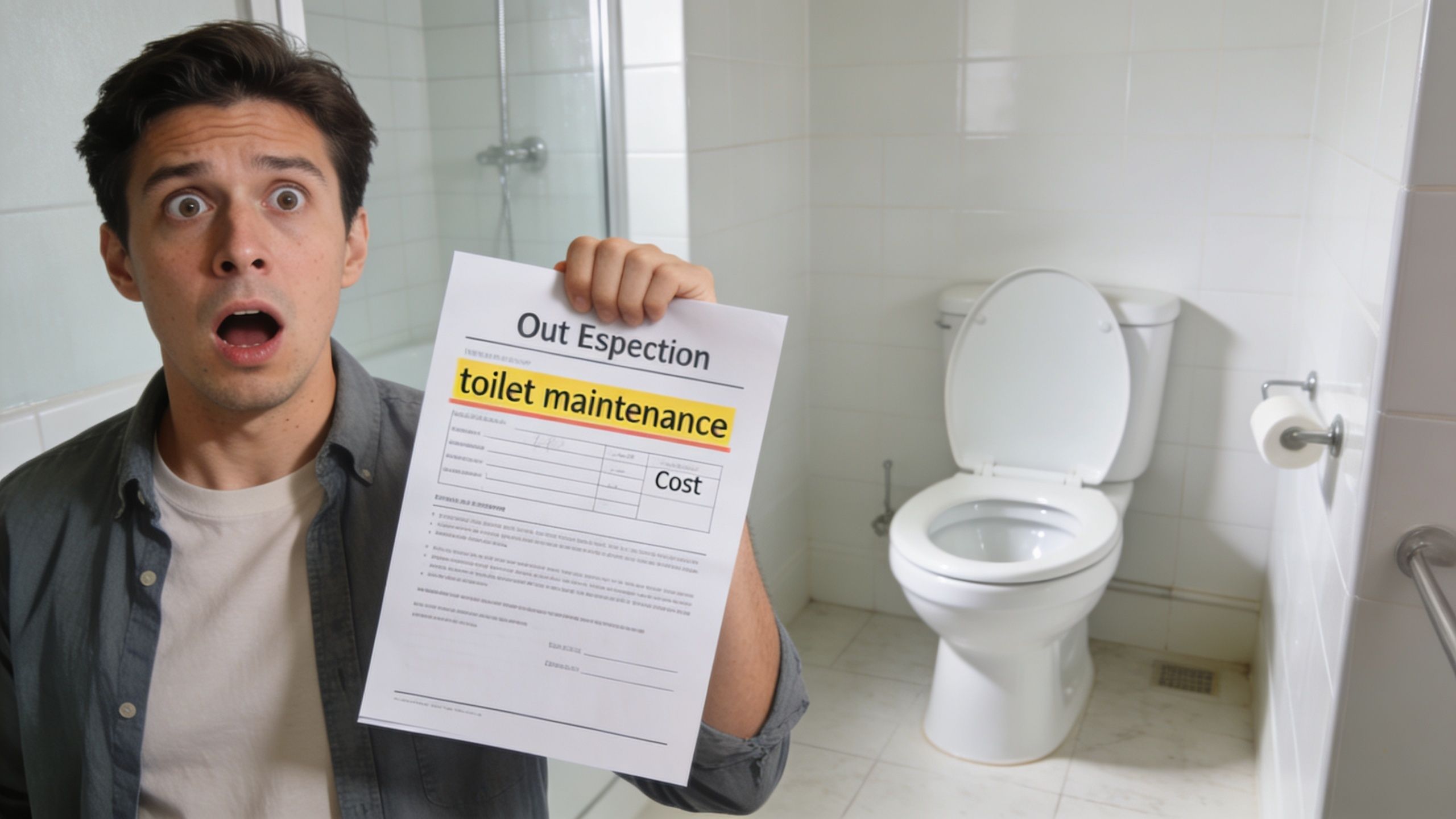 En chokeret mand holder en seddel med toiletvedligeholdelse foran et badeværelse med et hvidt toilet.
