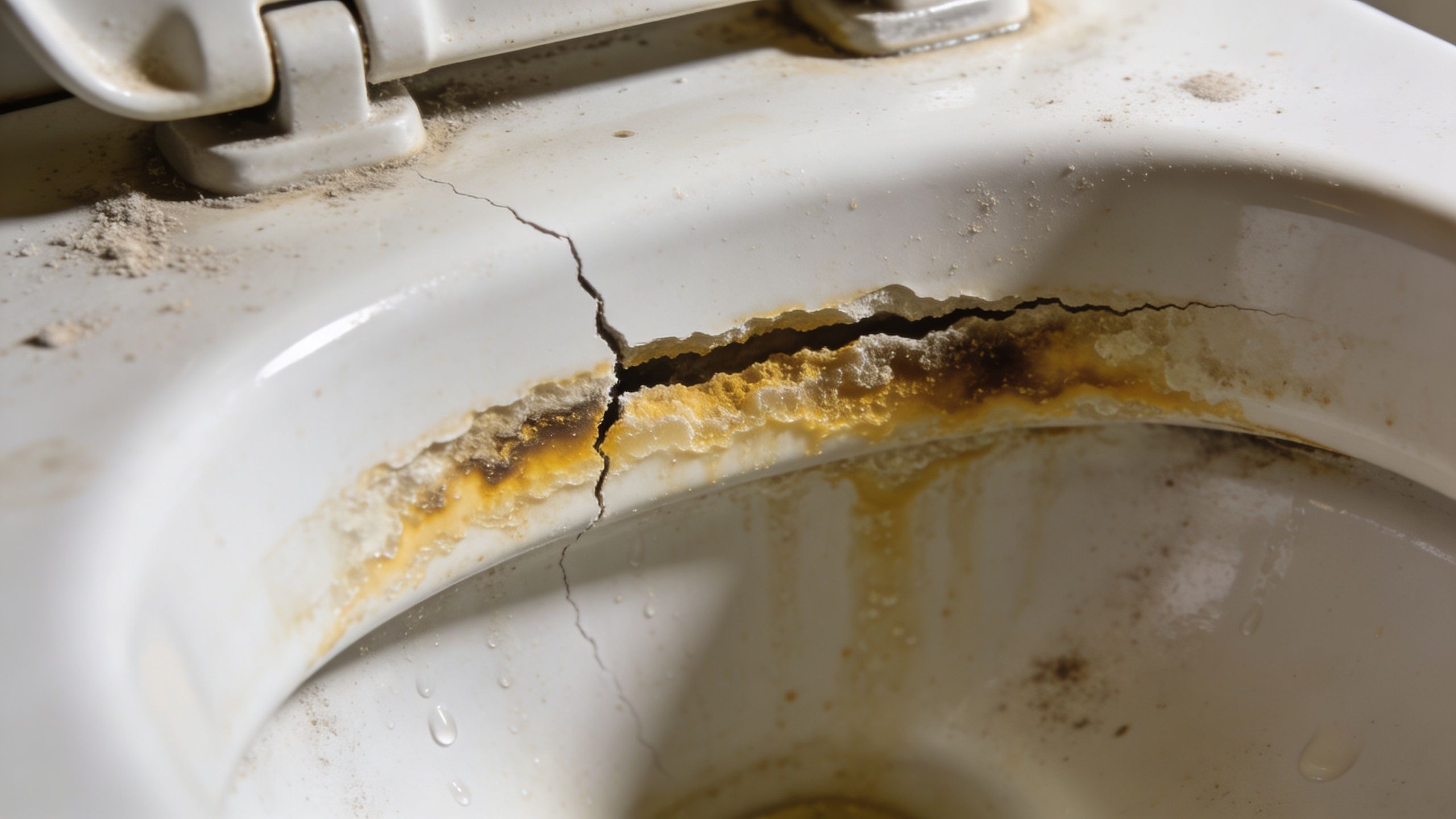 Et beskidt og revnet toilet der trænger til grundig rengøring og vedligeholdelse for at sikre hygiejnen.