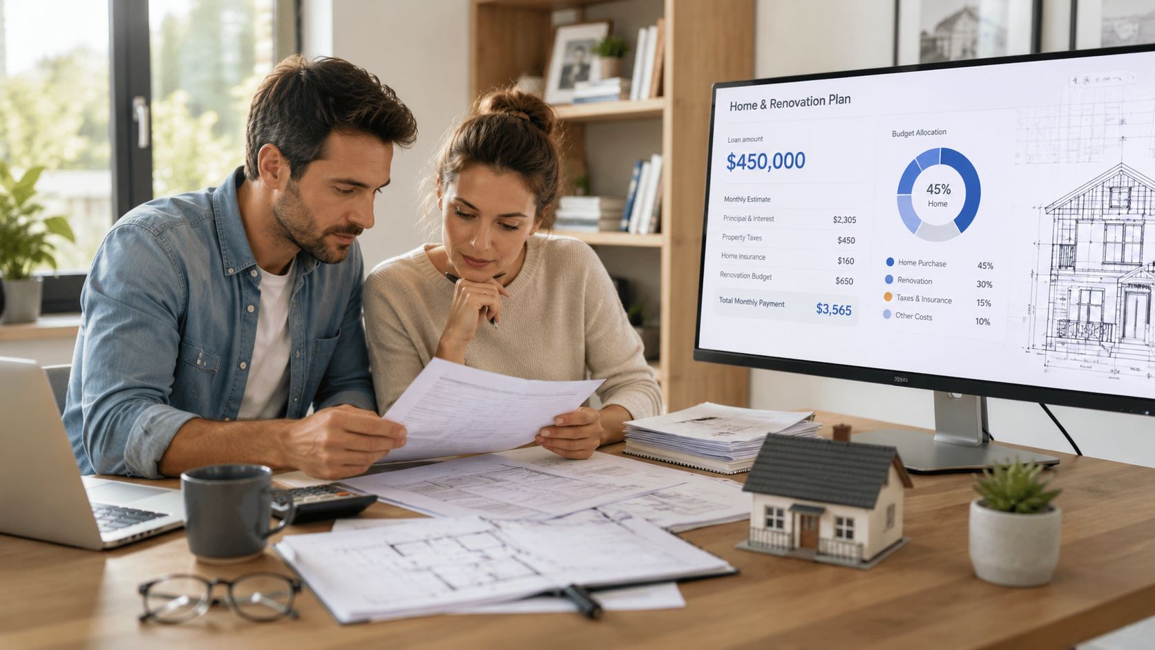 Et ungt par planlægger deres boligkøb og renovering ved hjælp af dokumenter og digitale budgetberegninger på skærmen.