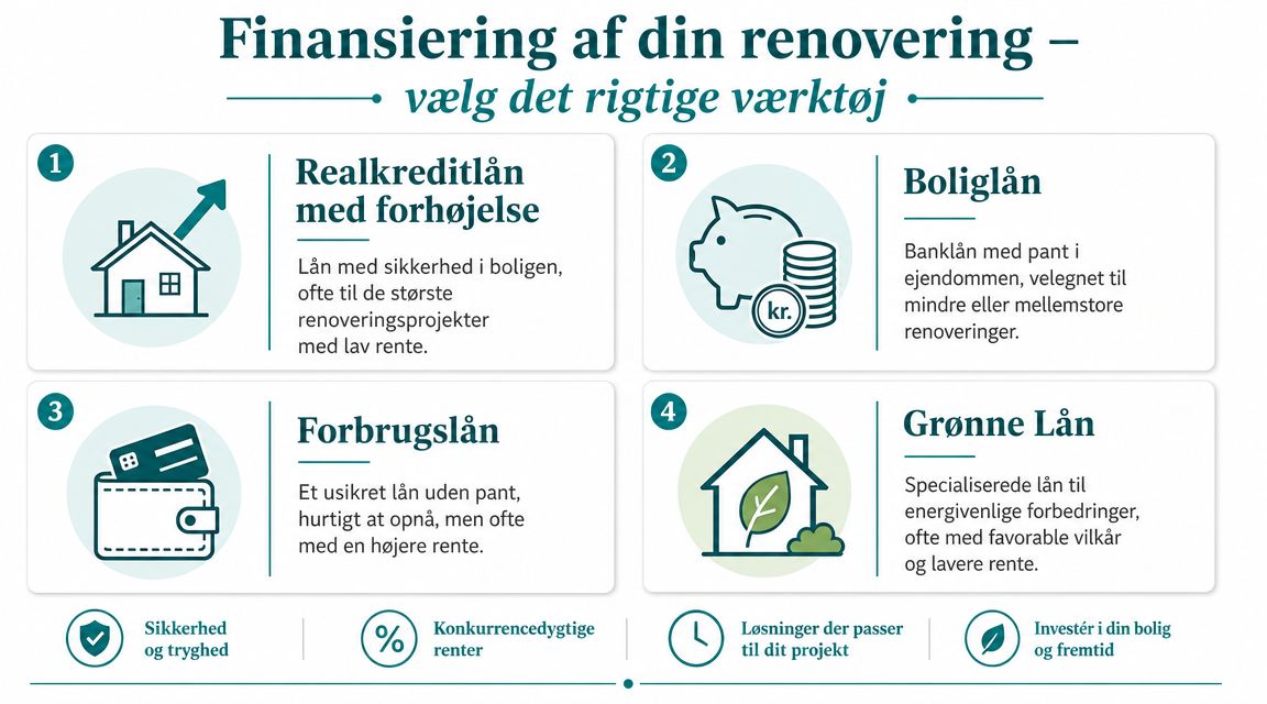 En infografik der viser fire forskellige finansieringsmuligheder til boligrenovering, herunder realkreditlån, boliglån, forbrugslån og grønne lån.