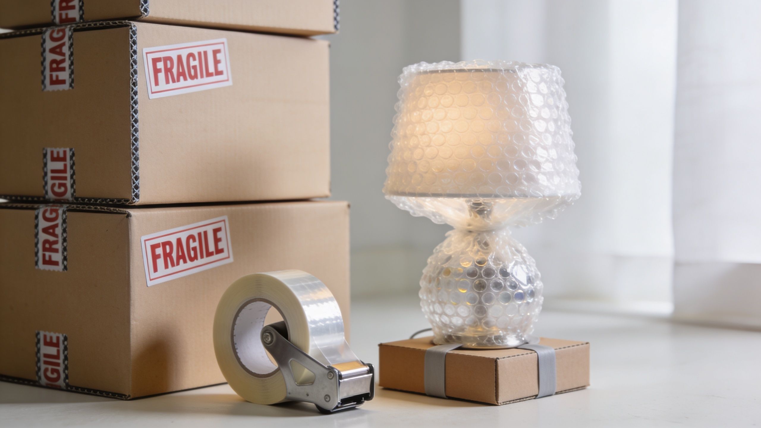 Papkasser med skrøbeligt-mærkat, en indpakket lampe og en pakketape dispenser klar til flytning.