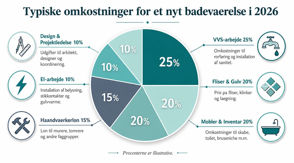 Cirkeldiagram der viser fordelingen af typiske omkostninger ved renovering af et nyt badeværelse i 2026.