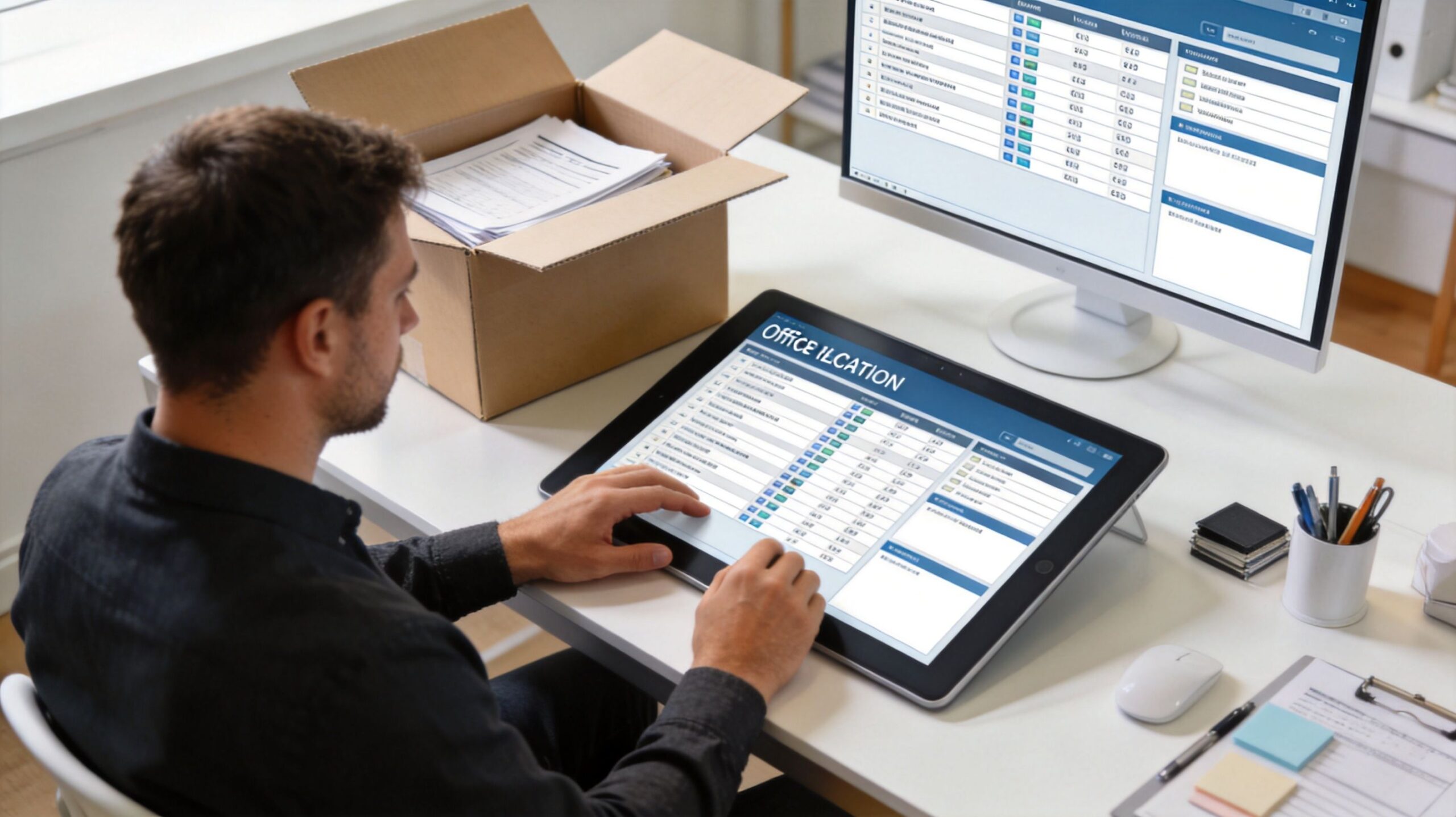 En medarbejder planlægger flytning af kontor ved hjælp af en computer og en tablet med lister.