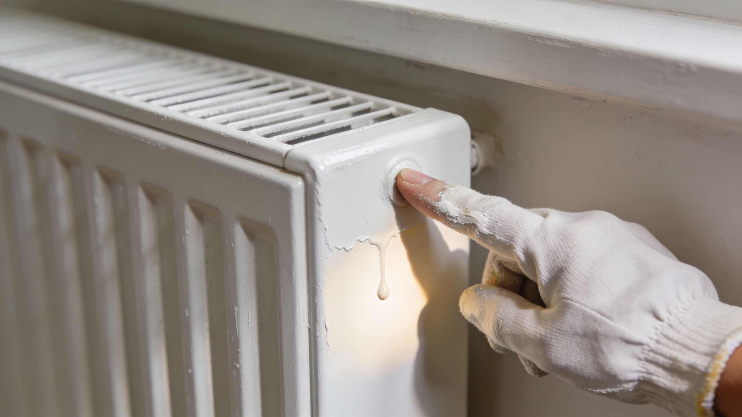 En hånd iført en hvid handske maler en hvid radiator med en pensel i et hjem.