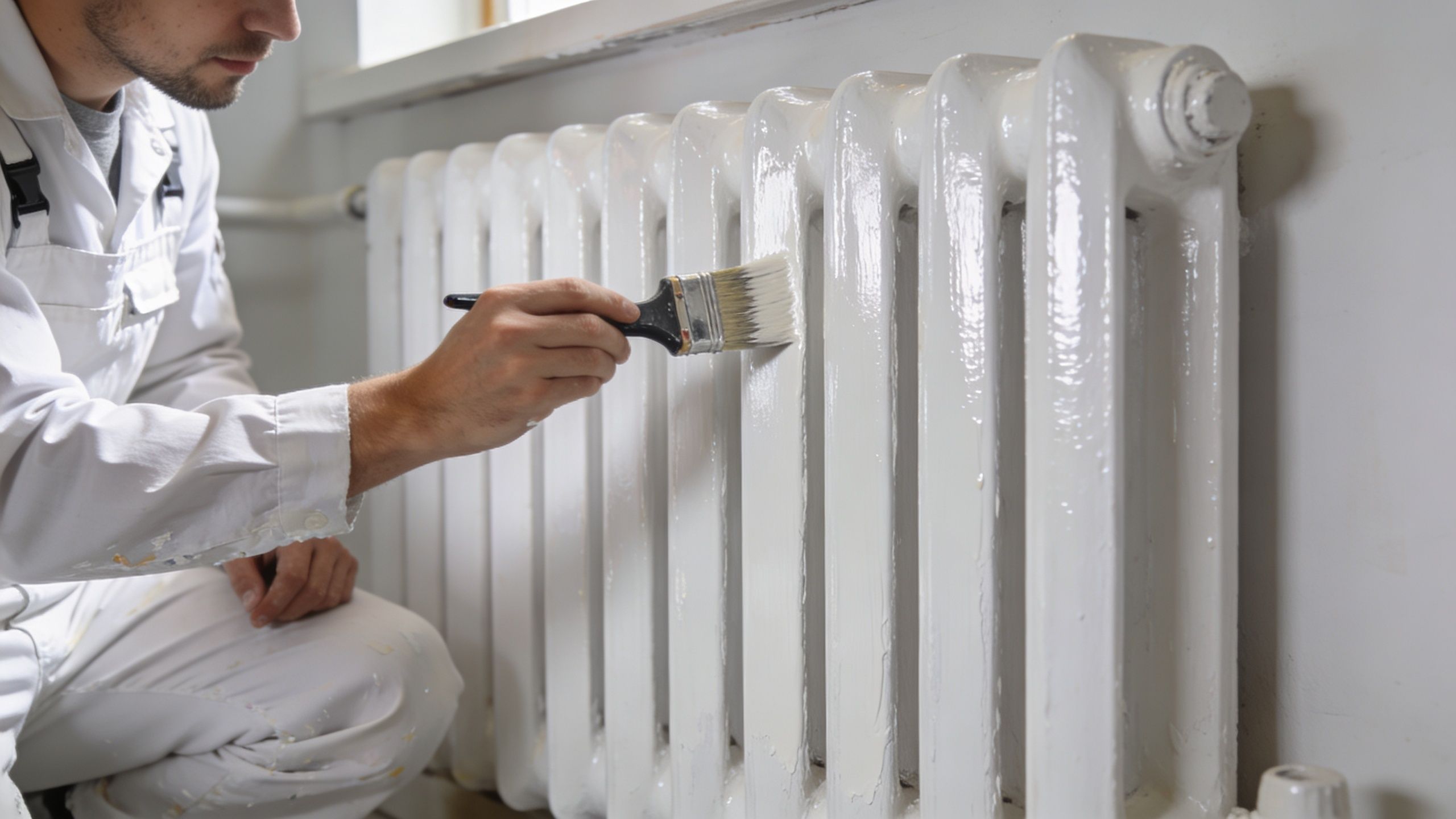 En professionel håndværker i hvidt arbejdstøj er i gang med at male en hvid radiator med en pensel.