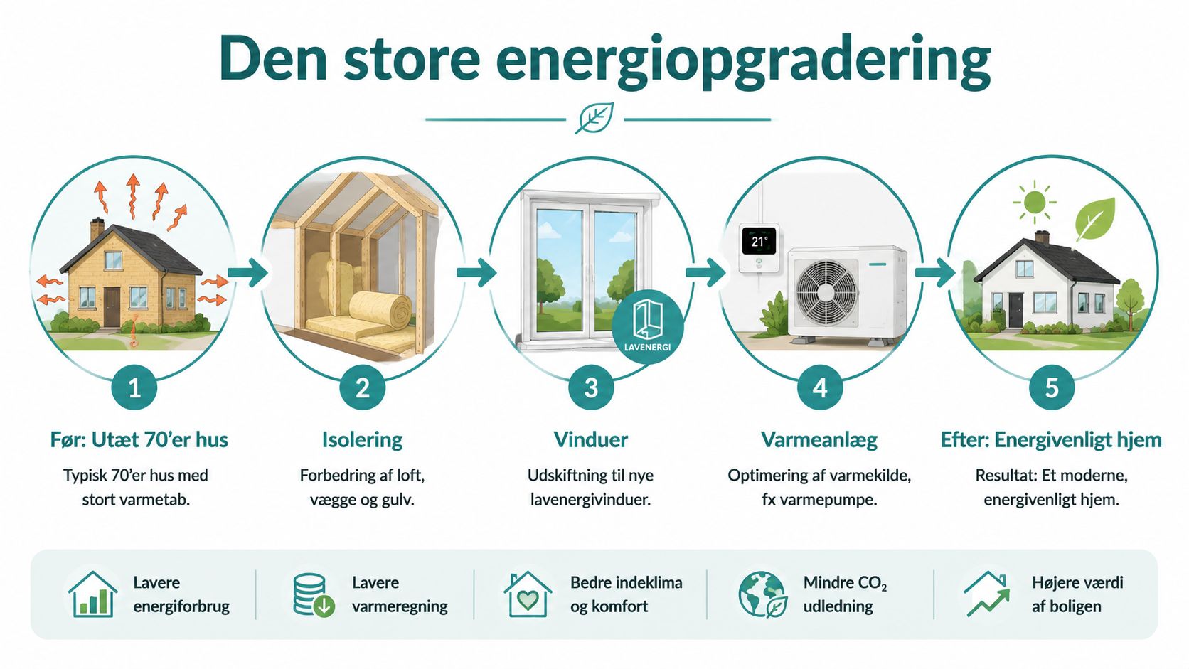 En illustration af den store energiopgradering af et 70'er hus gennem fem trin for øget energieffektivitet.