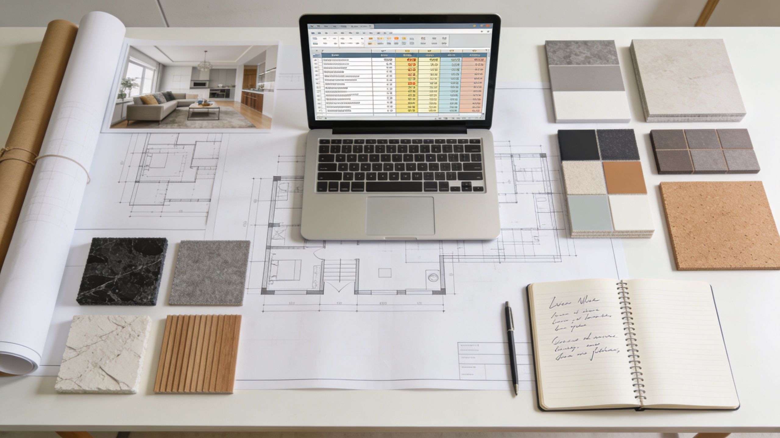 Et skrivebord med tegninger, en bærbar computer, materialeprøver og en notesbog til renovering af et hus.