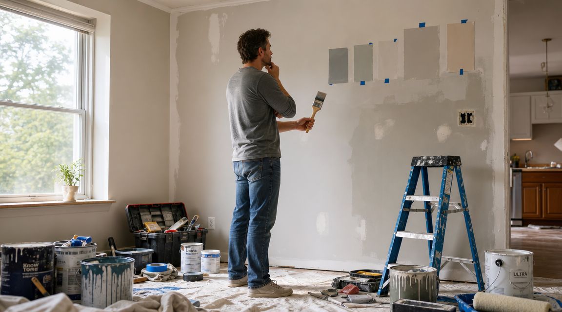 En mand overvejer forskellige grå nuancer af malingprøver på væggen i en stue under renovering.
