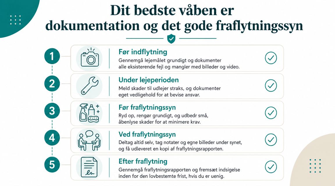 Infografik der viser fem vigtige trin til dokumentation og et godt fraflytningssyn af et lejemål.