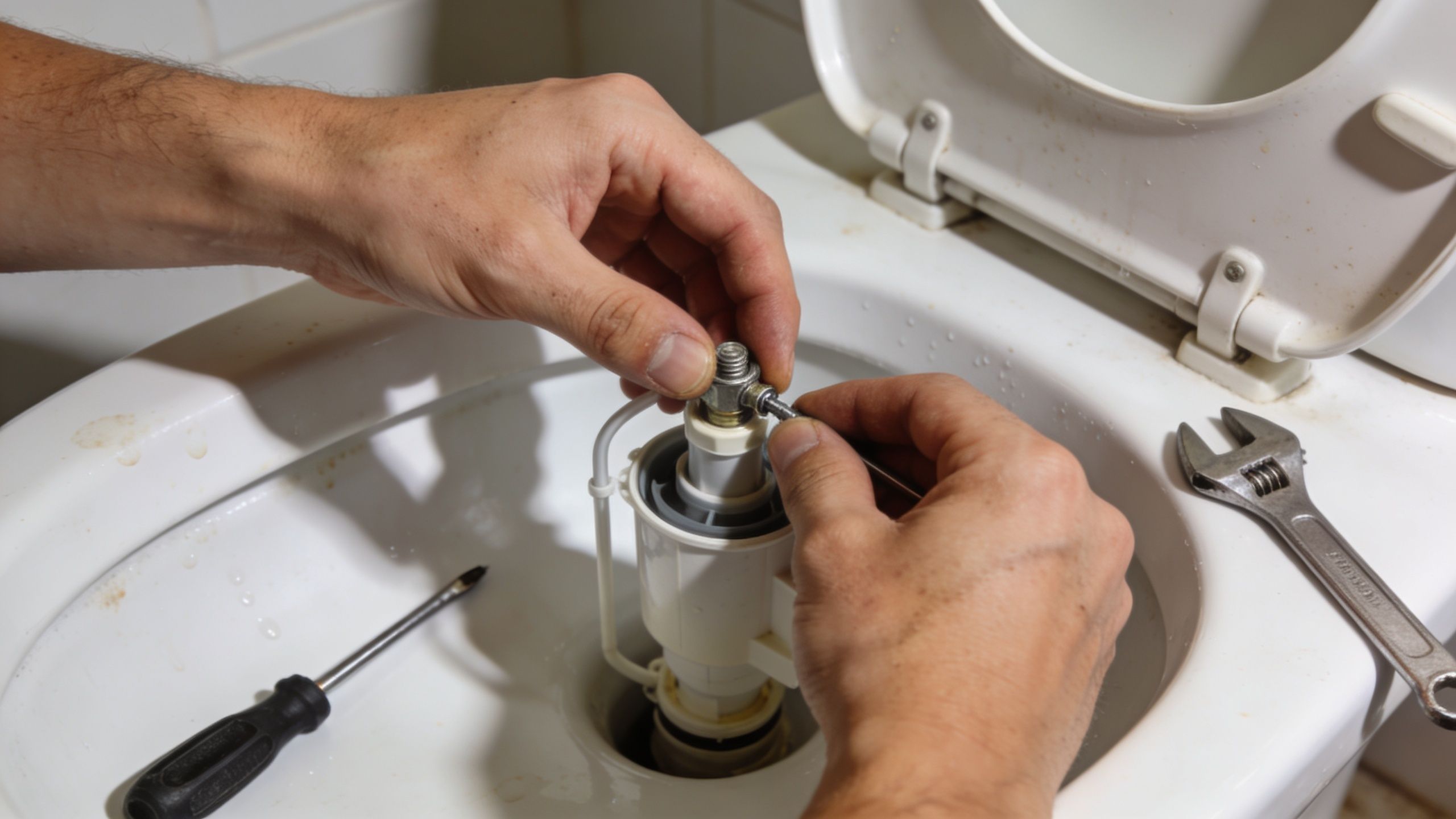 En person reparerer toiletskyllemekanismen inde i en toiletcisterne med værktøj i badeværelset.