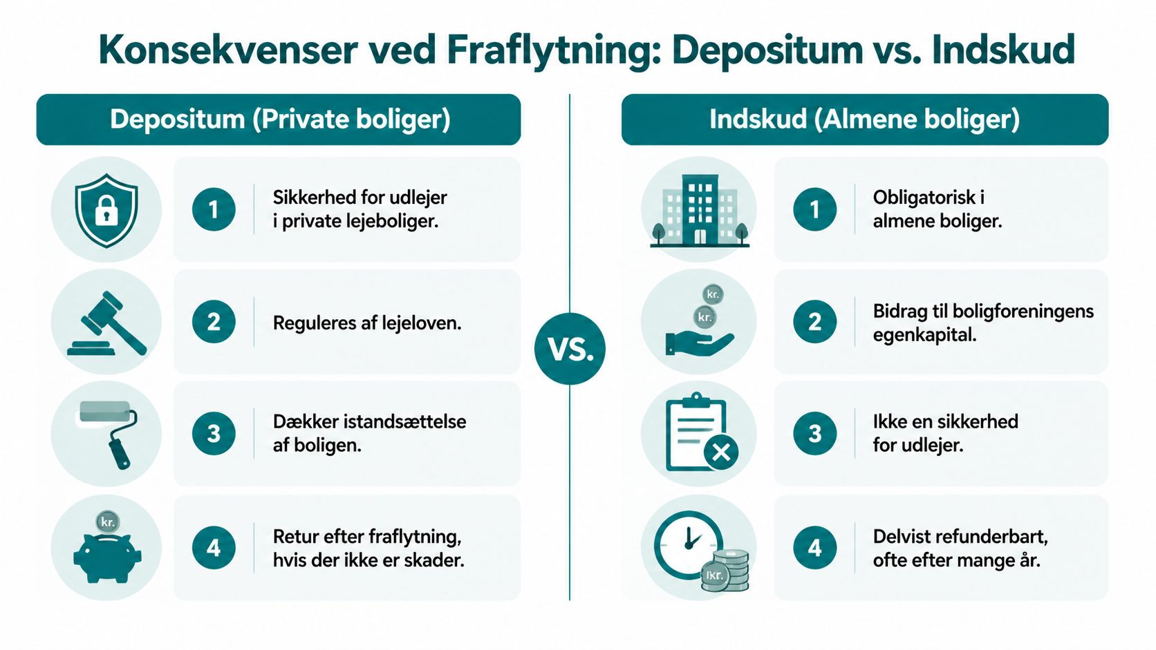Sammenligning af depositum i private lejeboliger og indskud i almene boliger forklaret med tekst og ikoner.