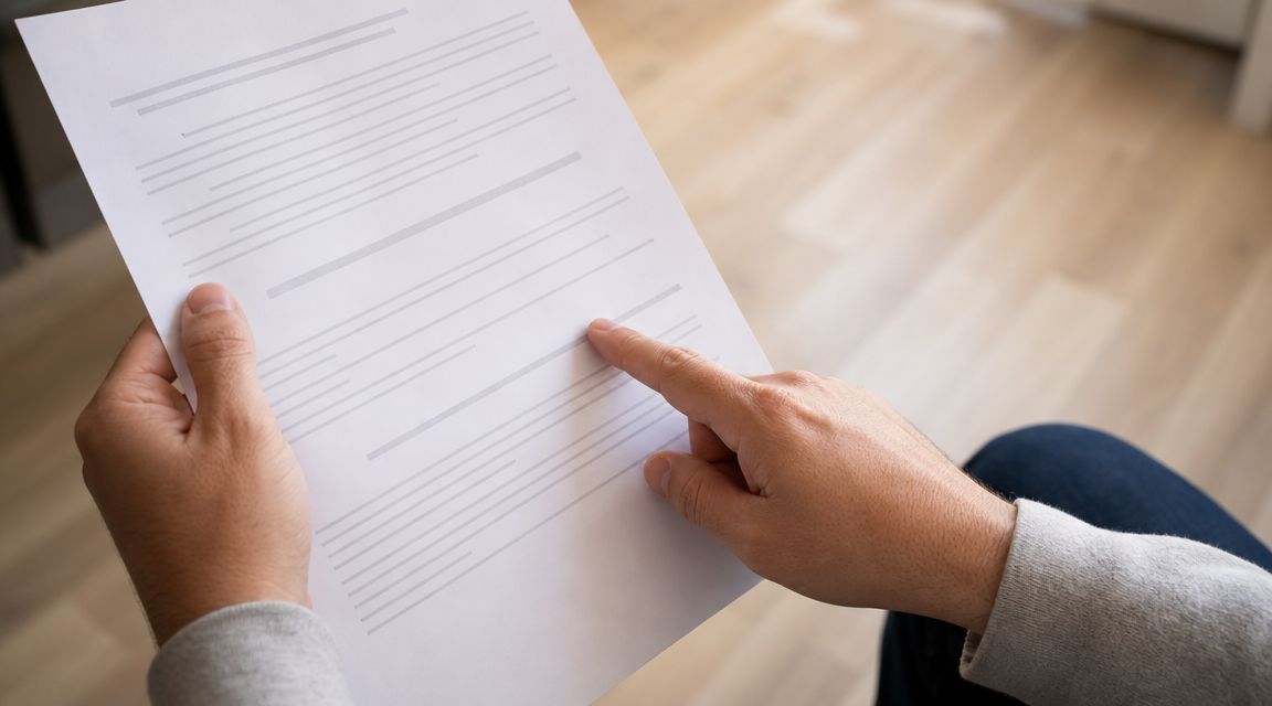 Person der holder et dokument og peger på teksten, mens vedkommende sidder på et lyst trægulv.