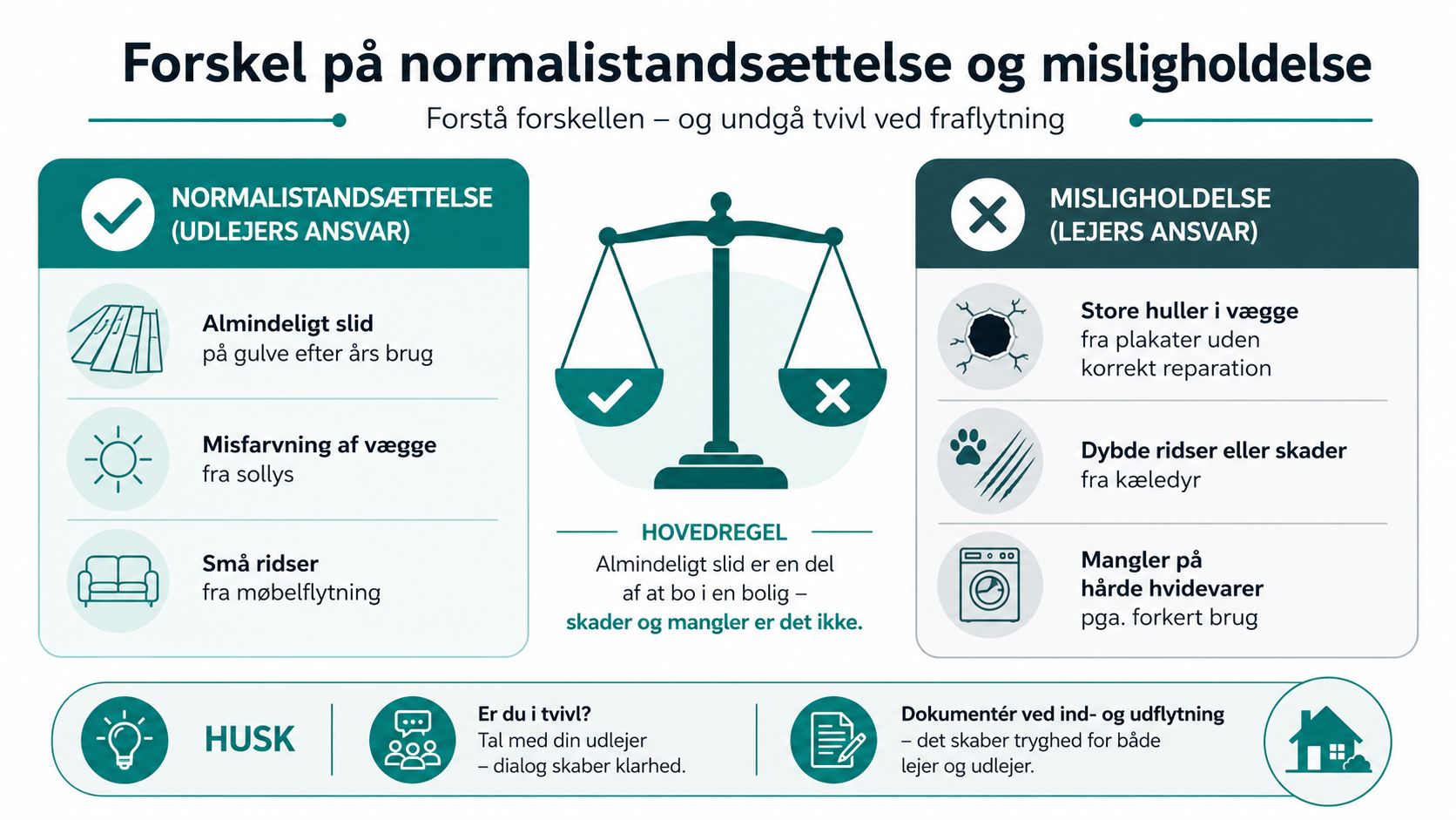 Infografik der forklarer forskellen på normalistandsættelse som udlejers ansvar og misligholdelse som lejers ansvar ved fraflytning.