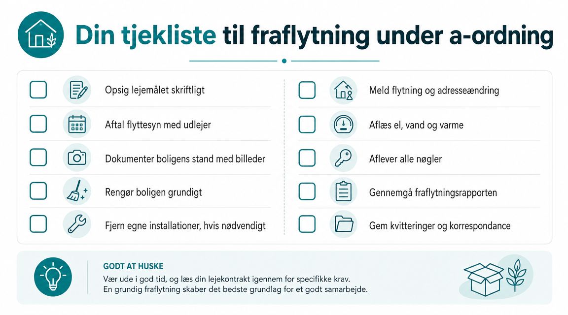 Tjekliste til fraflytning af lejebolig under a-ordningen med vigtige opgaver for lejer ved opsigelse af lejemål.
