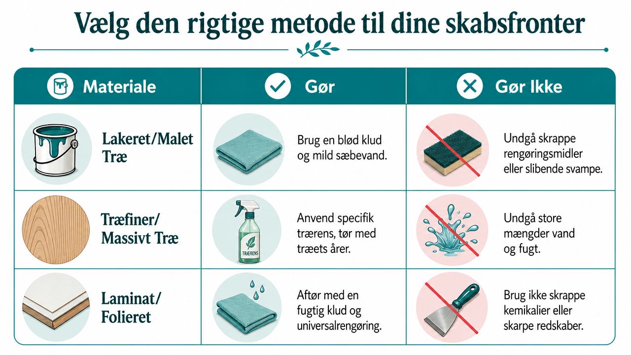 En vejledning med gode råd til rengøring og vedligeholdelse af forskellige typer køkkenskabsfronter i hjemmet.