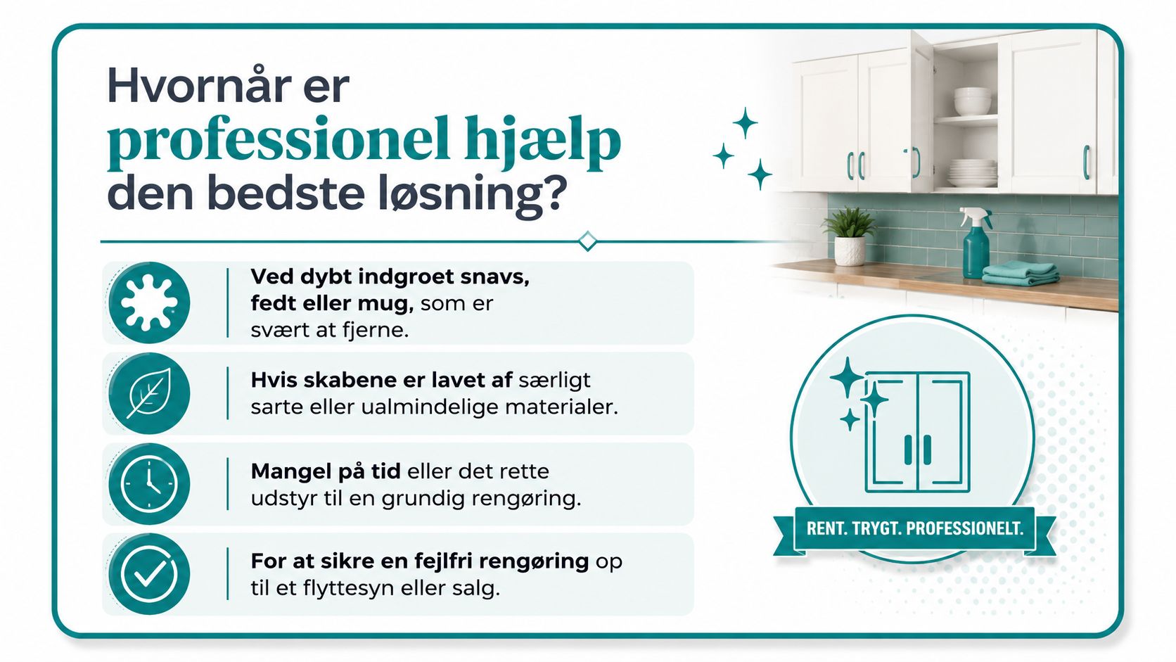 En infografik der forklarer hvornår professionel rengøring af køkkenskabe er den bedste og mest effektive løsning.