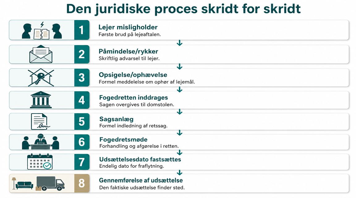 En infografik der viser de otte juridiske skridt i en proces vedrørende udsættelse af et lejemål.
