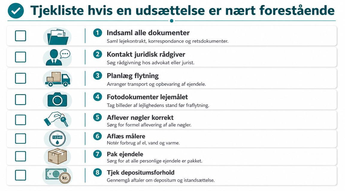 Tjekliste med otte trin til beboere, der står over for en forestående udsættelse fra deres lejemål.