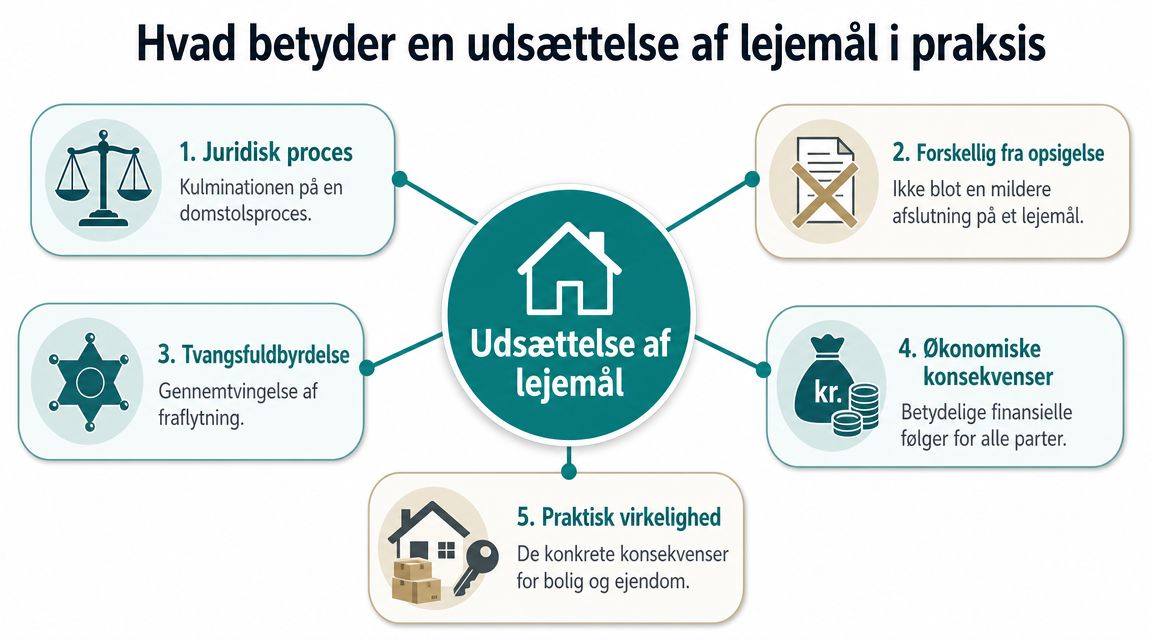 En infografik der viser de fem vigtigste aspekter af en udsættelse af lejemål i praksis.