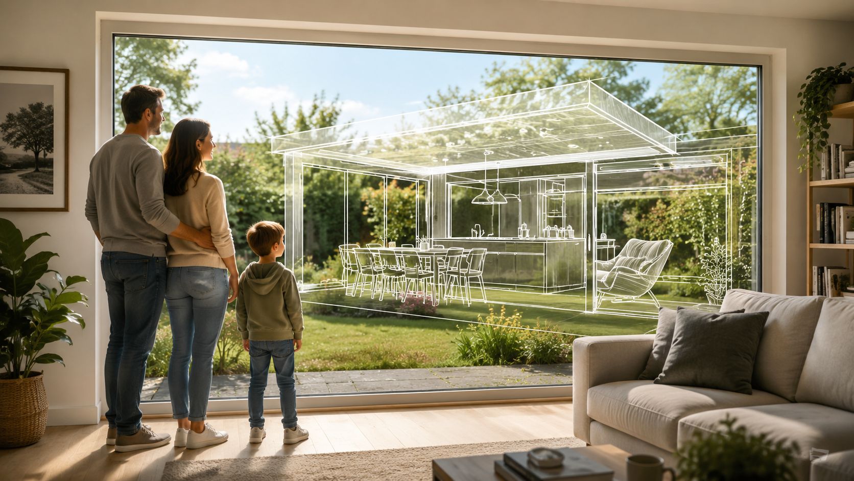 En familie ser ud gennem et stort vindue på en arkitekttegning af en moderne tilbygning til deres have.
