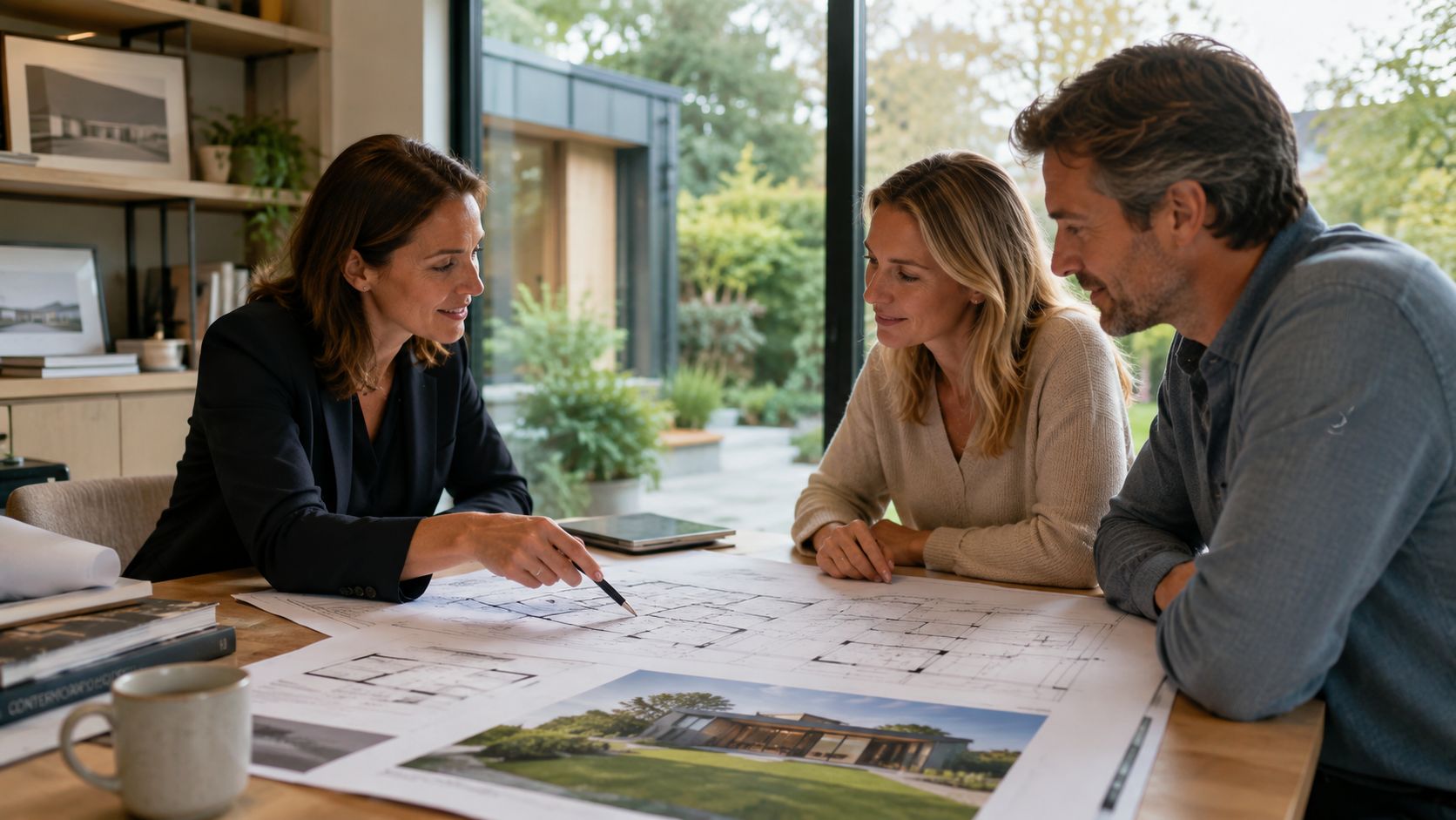 En arkitekt gennemgår byggetegninger for en tilbygning til parcelhus sammen med et par ved et mødebord.