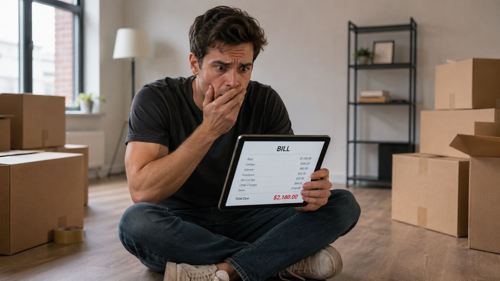 En chokeret mand sidder på gulvet i et tomt rum omgivet af flyttekasser med en regning.