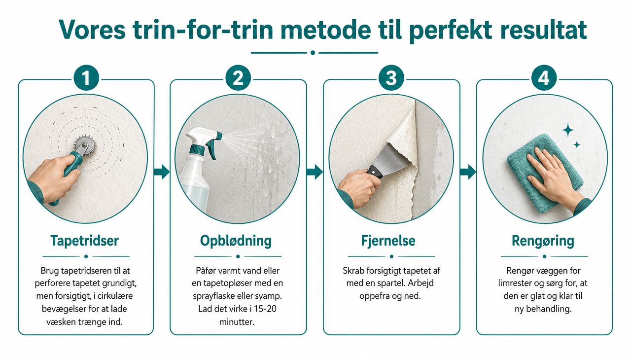 En guide i fire trin til hvordan man fjerner tapet fra en væg ved brug af tapetridser.