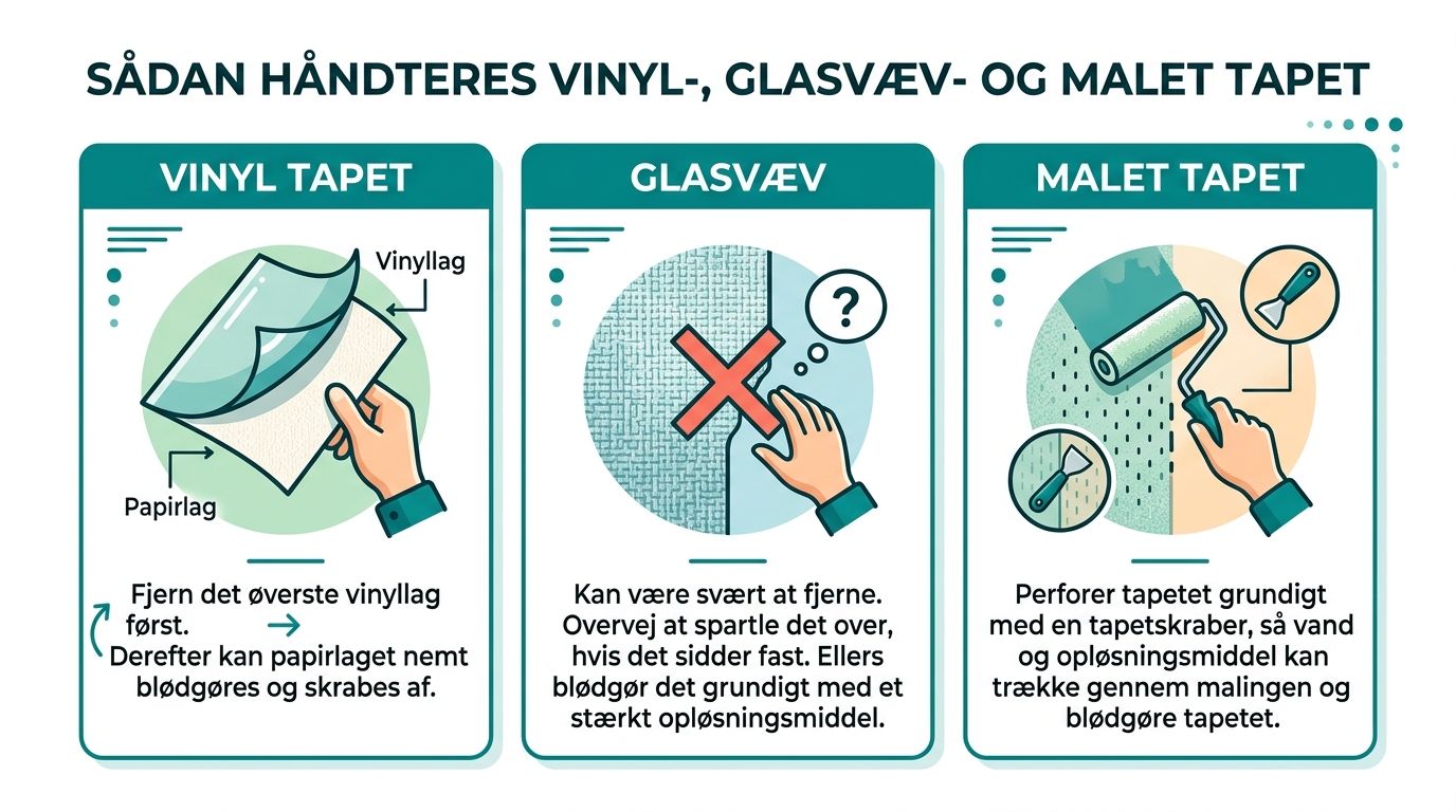 Illustration der viser hvordan man fjerner vinyltapet, glasvæv og malet tapet fra vægge med forskellige metoder.