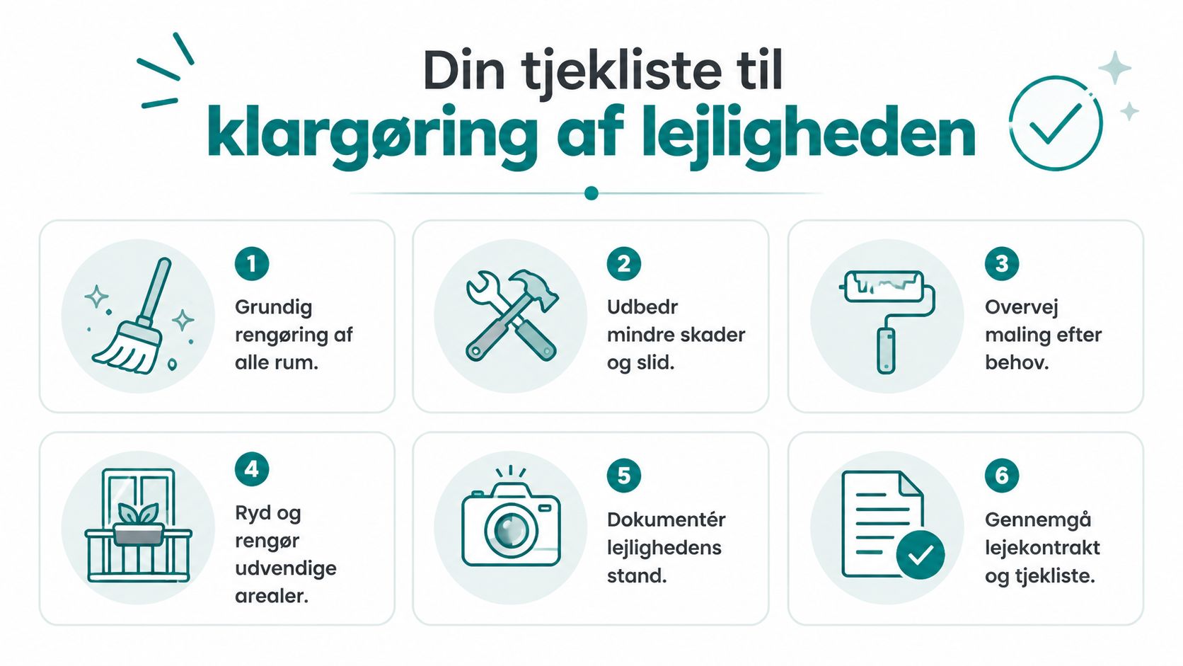 Tjekliste med seks trin til klargøring af lejligheden i forbindelse med fraflytning og syn.
