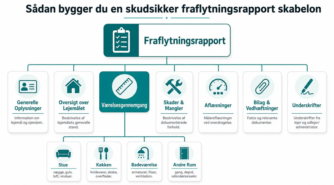 En infografik der viser strukturen og indholdet i en professionel og juridisk holdbar fraflytningsrapport for udlejningsboliger.