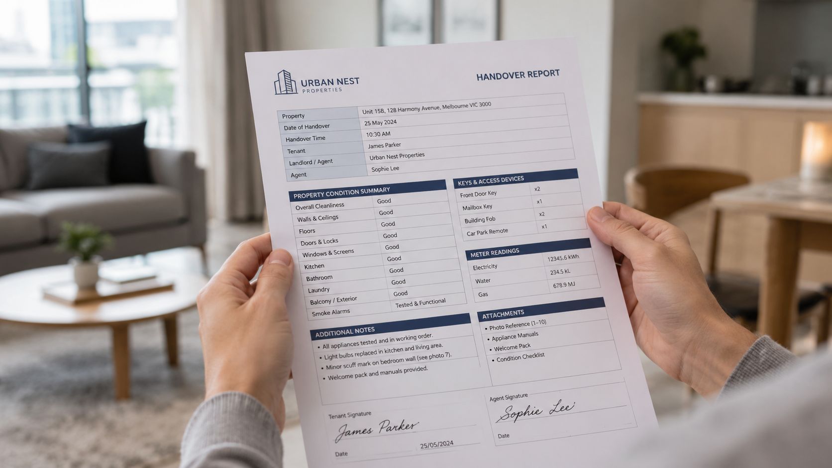 En person holder en underskrevet fraflytningsrapport fra Urban Nest Properties i en moderne stue.