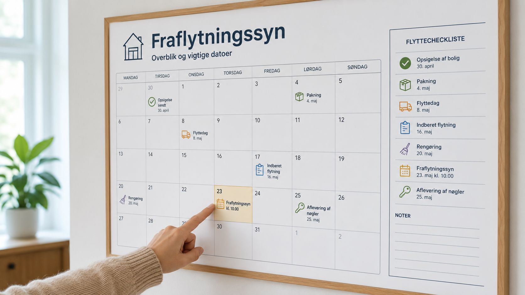En hånd peger på en dato for et fraflytningssyn på en kalendertavle over flytteprocessen i maj måned.