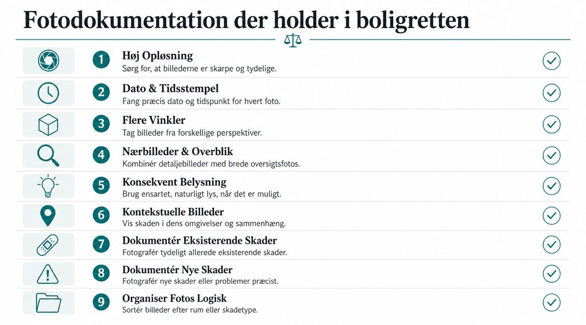 En infografik der viser ni vigtige råd til fotodokumentation af boligskader, der kan bruges i boligretten.