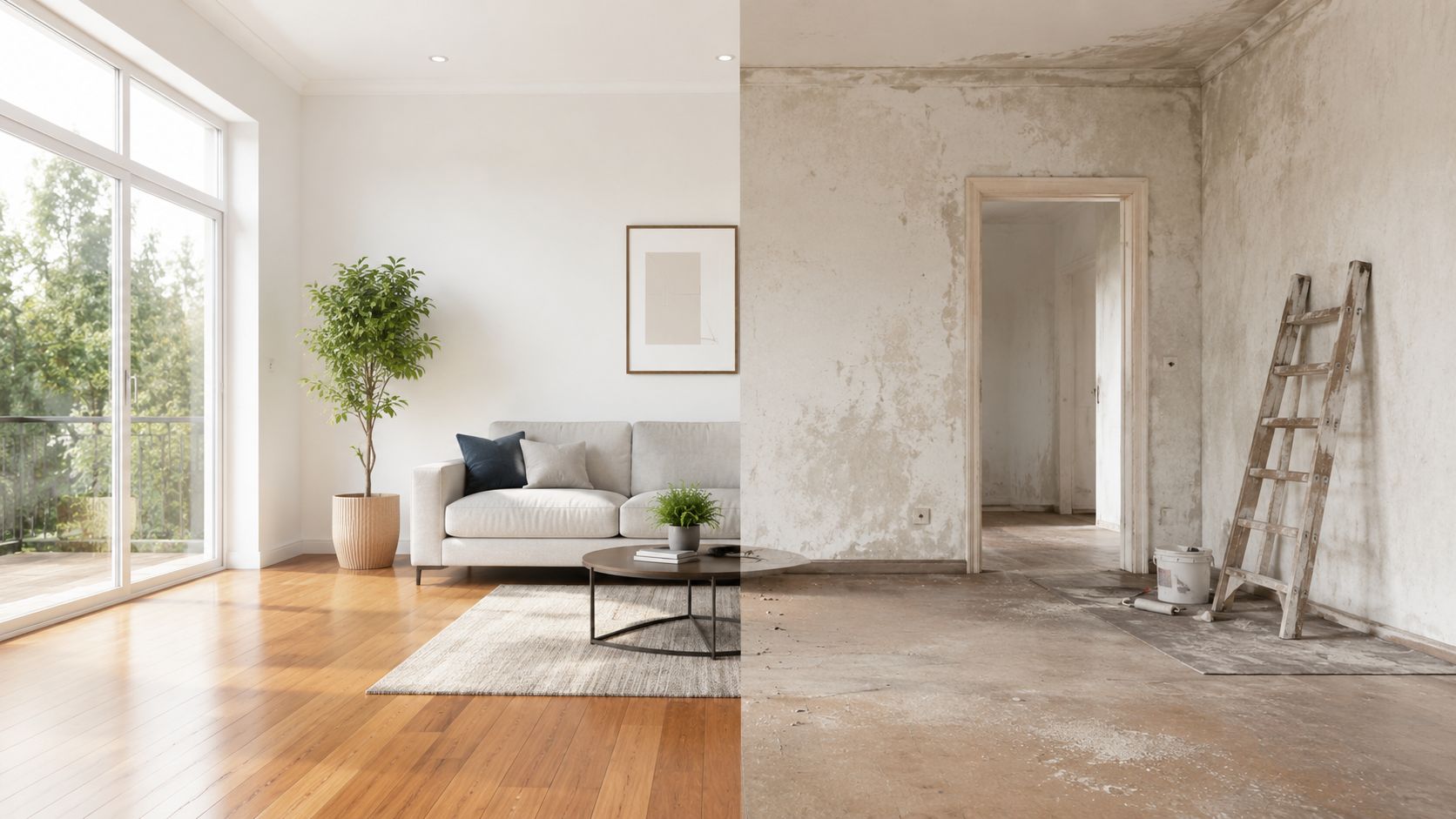 En før og efter sammenligning af en stue, der viser transformationen fra rå renovering til færdig boligindretning.