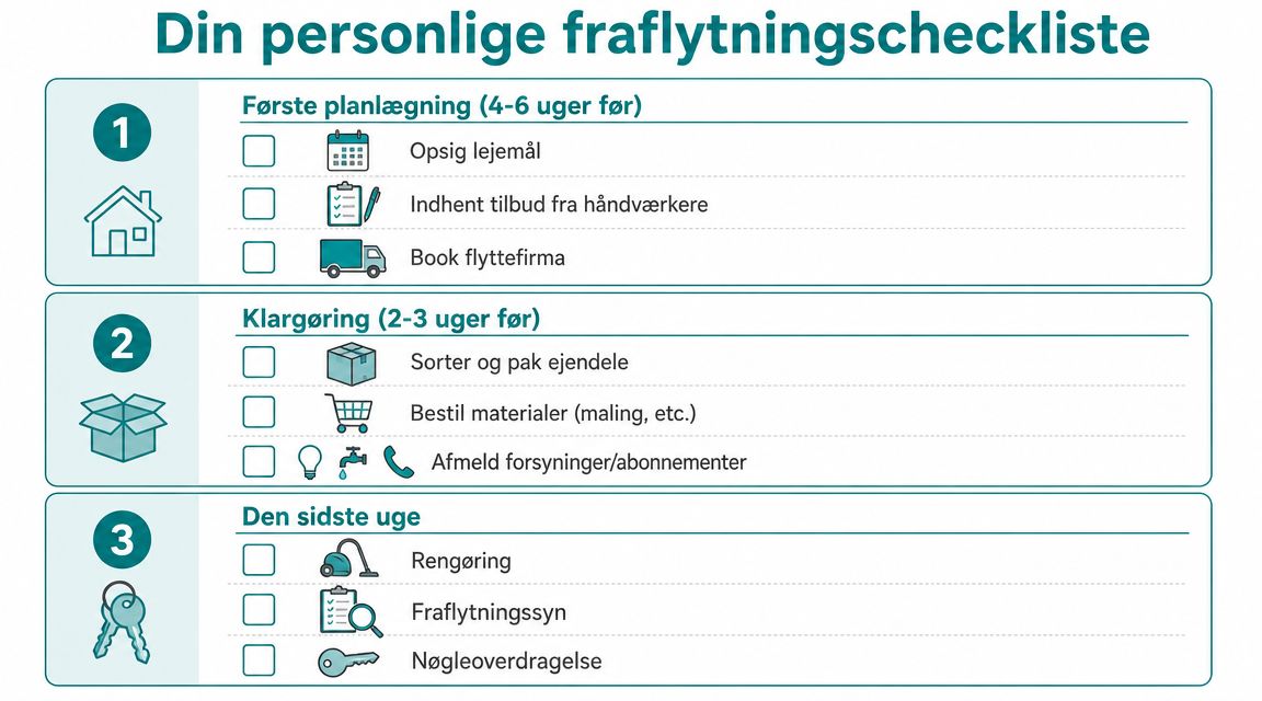 En personlig tjekliste til fraflytning med tre faser og vigtige opgaver for planlægning, klargøring og flytning.