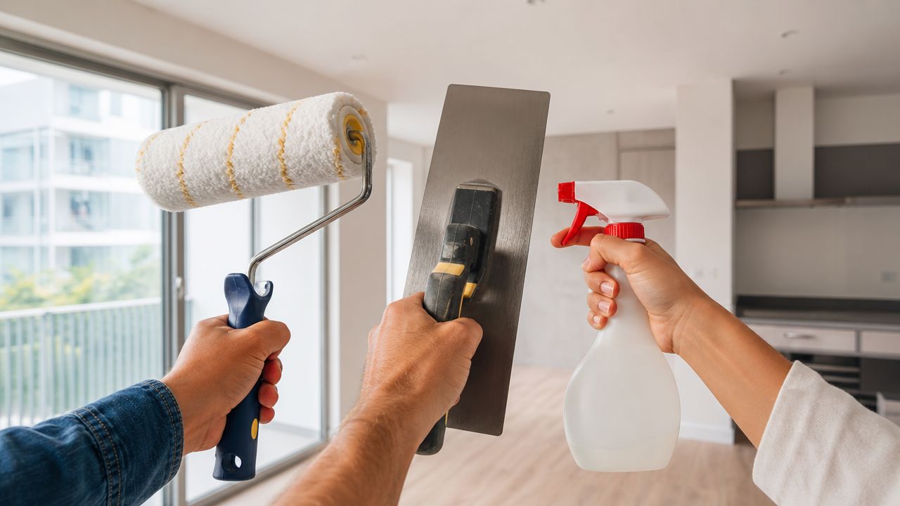 Tre hænder, der holder en malerrulle, en pudsebræt og en sprayflaske til renovering af et tomt rum.