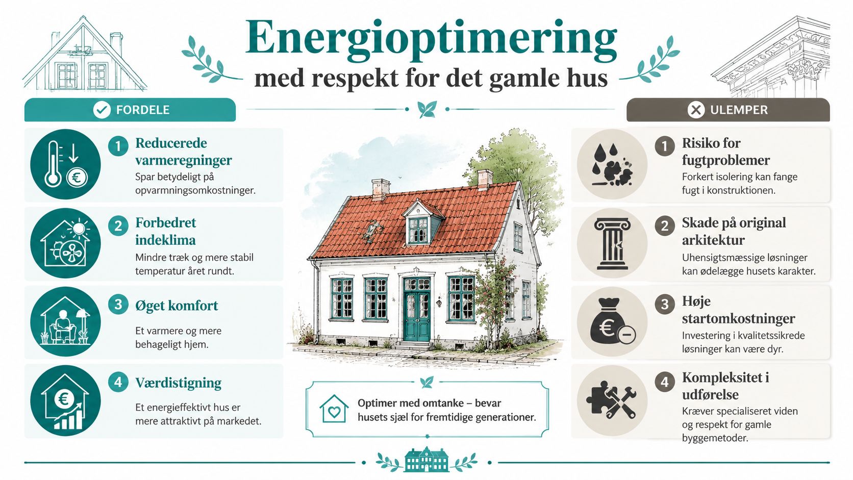 En infografik om fordele og ulemper ved energioptimering af gamle huse med respekt for bygningens oprindelige arkitektur.