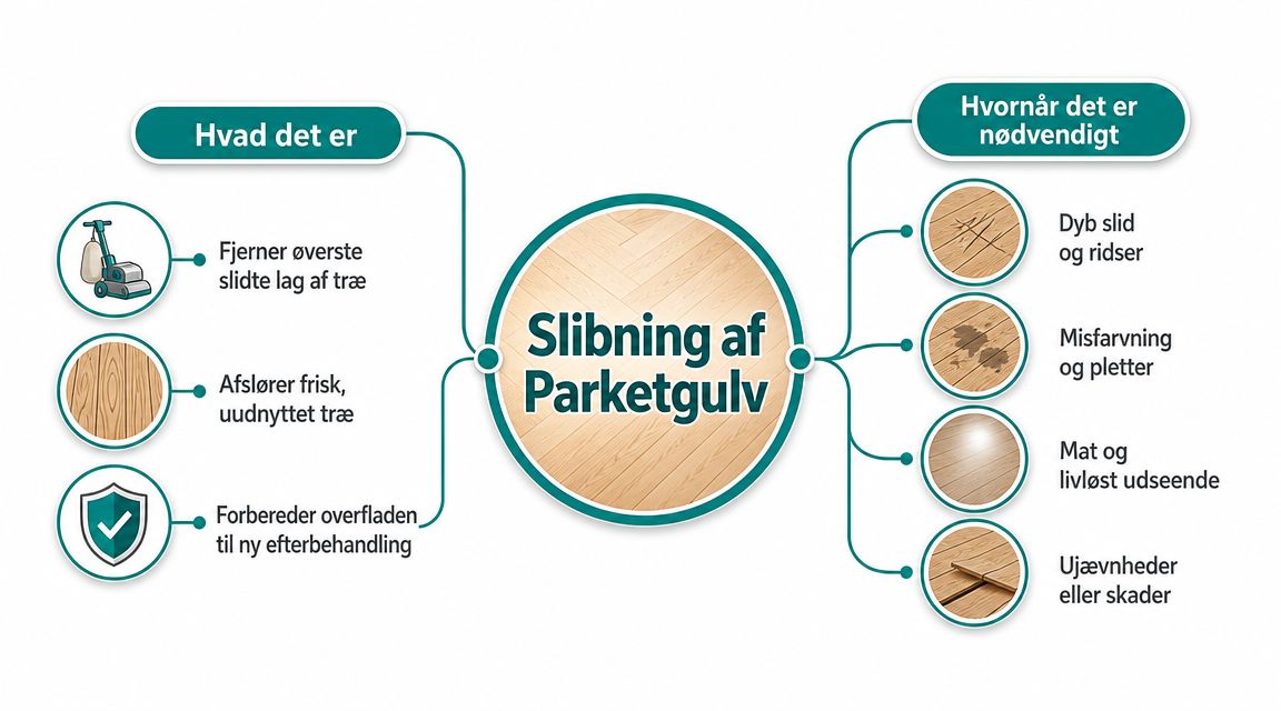 Infografik der forklarer hvad slibning af parketgulv er, og hvornår det er nødvendigt at udføre.