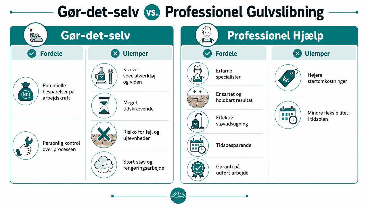 Sammenligning af fordele og ulemper ved selv at slibe gulv eller vælge professionel gulvslibning.