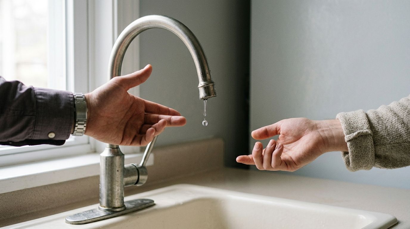 To personer strækker deres hænder ud mod en vandhane, hvorfra en enkelt vanddråbe er ved at falde.